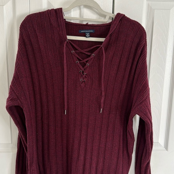 American Eagle Outfitters Sweaters - American Eagle Outfitters Burgundy Pullover Hooded Sweater-Lace-Up V-Neck - XL